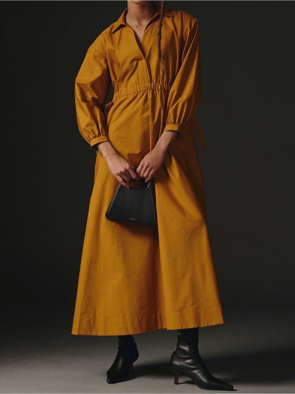 Maeve Mustard Button-Front Long-Sleeve Maxi Dress